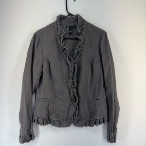 INC Women's Gray Long Sleeve Full Zip Ruffled Jacket Shirt Front Pockets Size L